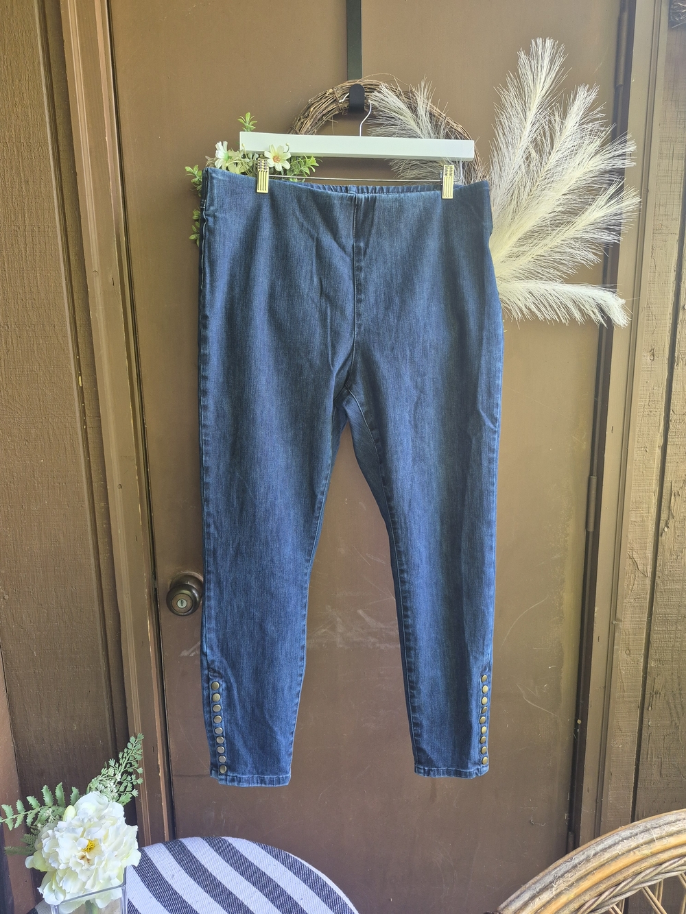 Dark Blue Women's Stretch Denim Jeans with Ankle Button Detail